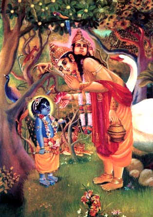 Brahma meets Krishna (manifestation of Vishnu; Krishna has blue skin)